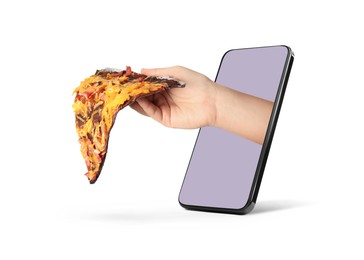 Image of Food ordering and delivery service. Woman's hand with slice of tasty pizza, sticking out of mobile phone display against white background, closeup