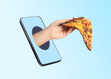 Image of Food ordering and delivery service. Woman's hand with slice of tasty pizza, sticking out of mobile phone display against light blue background, closeup