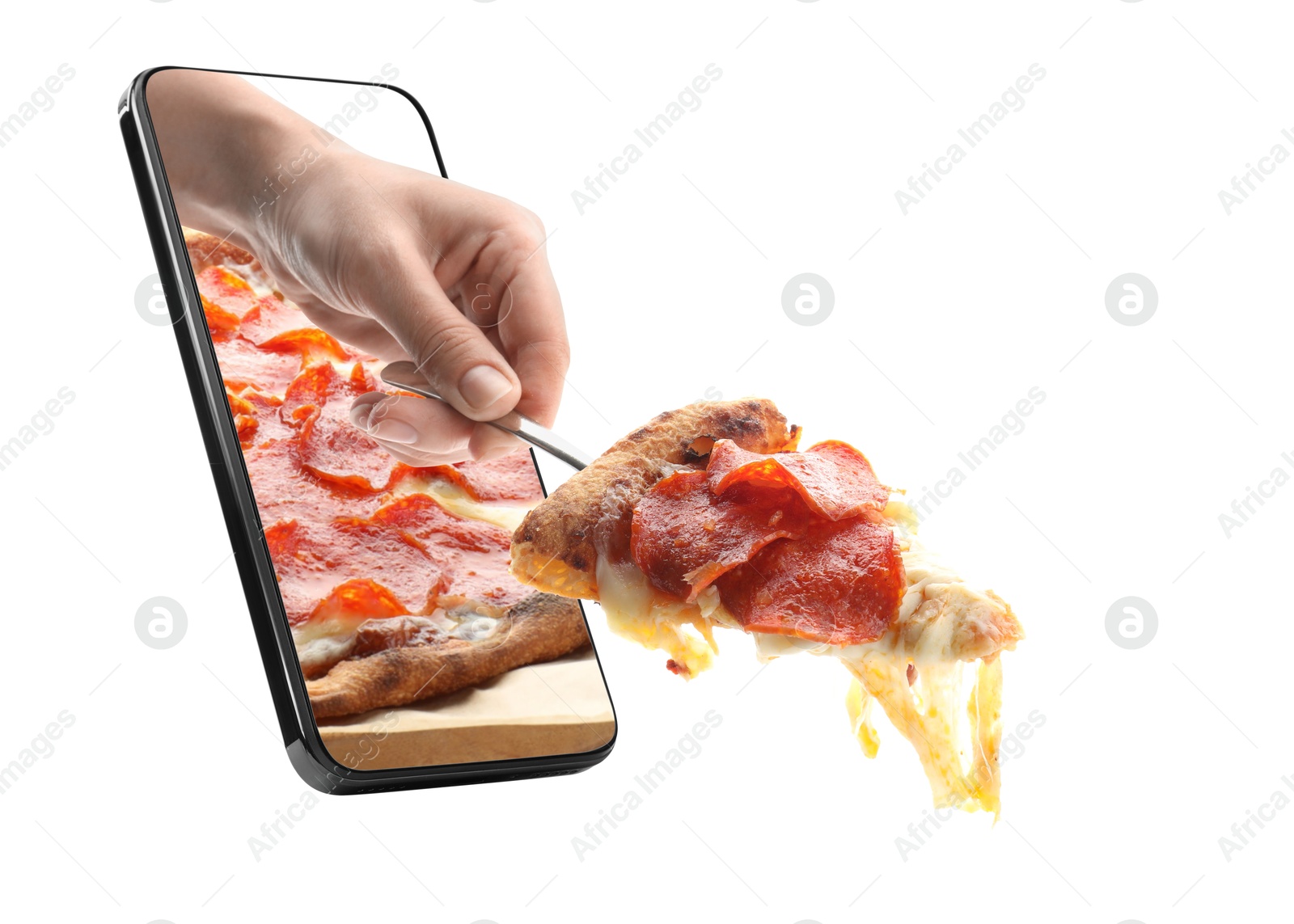 Image of Food ordering and delivery service. Woman taking slice of tasty pizza from mobile phone display against white background, closeup
