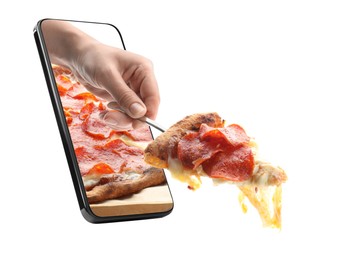 Image of Food ordering and delivery service. Woman taking slice of tasty pizza from mobile phone display against white background, closeup
