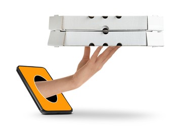 Image of Food ordering and delivery service. Woman's hand giving pizza boxes through mobile phone display, closeup. White background