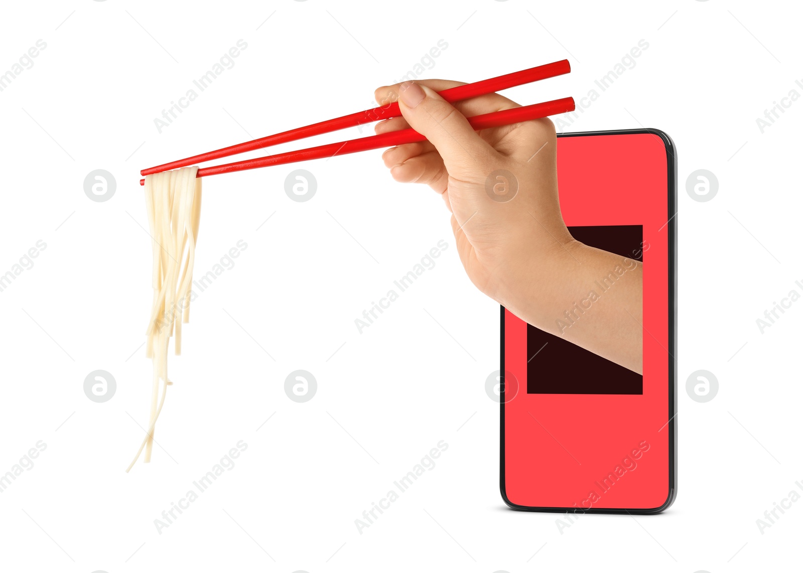 Image of Food ordering and delivery service. Woman's hand with tasty rice noodles, sticking out of mobile phone display against white background, closeup
