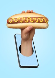 Image of Food ordering and delivery service. Woman's hand with tasty hot dog, sticking out of mobile phone display against light blue background, closeup