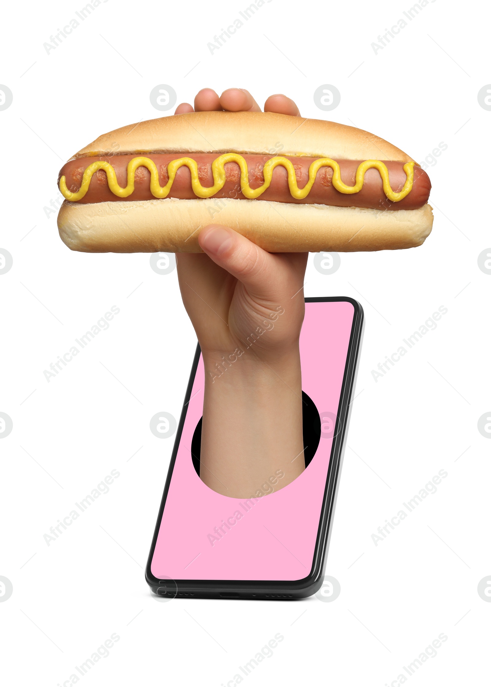 Food ordering and delivery service. Woman's hand with tasty hot dog, sticking out of mobile phone display against white background, closeup Image of Food ordering and delivery service. Woman's hand with tasty hot dog, sticking out of mobile phone display against white background, closeup
