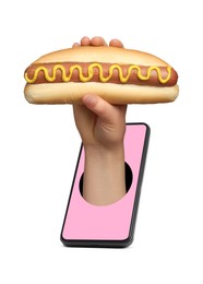 Image of Food ordering and delivery service. Woman's hand with tasty hot dog, sticking out of mobile phone display against white background, closeup
