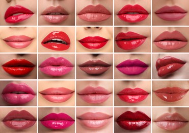 Image of Women's lips with lipsticks of different shades, collage