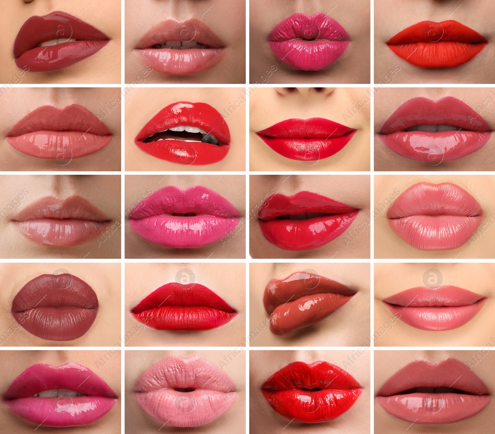 Women's lips with lipsticks of different shades, collage Image of Women's lips with lipsticks of different shades, collage