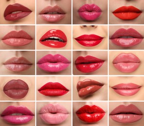 Image of Women's lips with lipsticks of different shades, collage