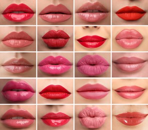 Image of Women's lips with lipsticks of different shades, collage