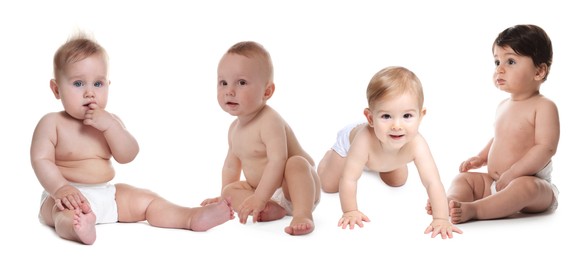 Image of Cute little babies on white background, collage