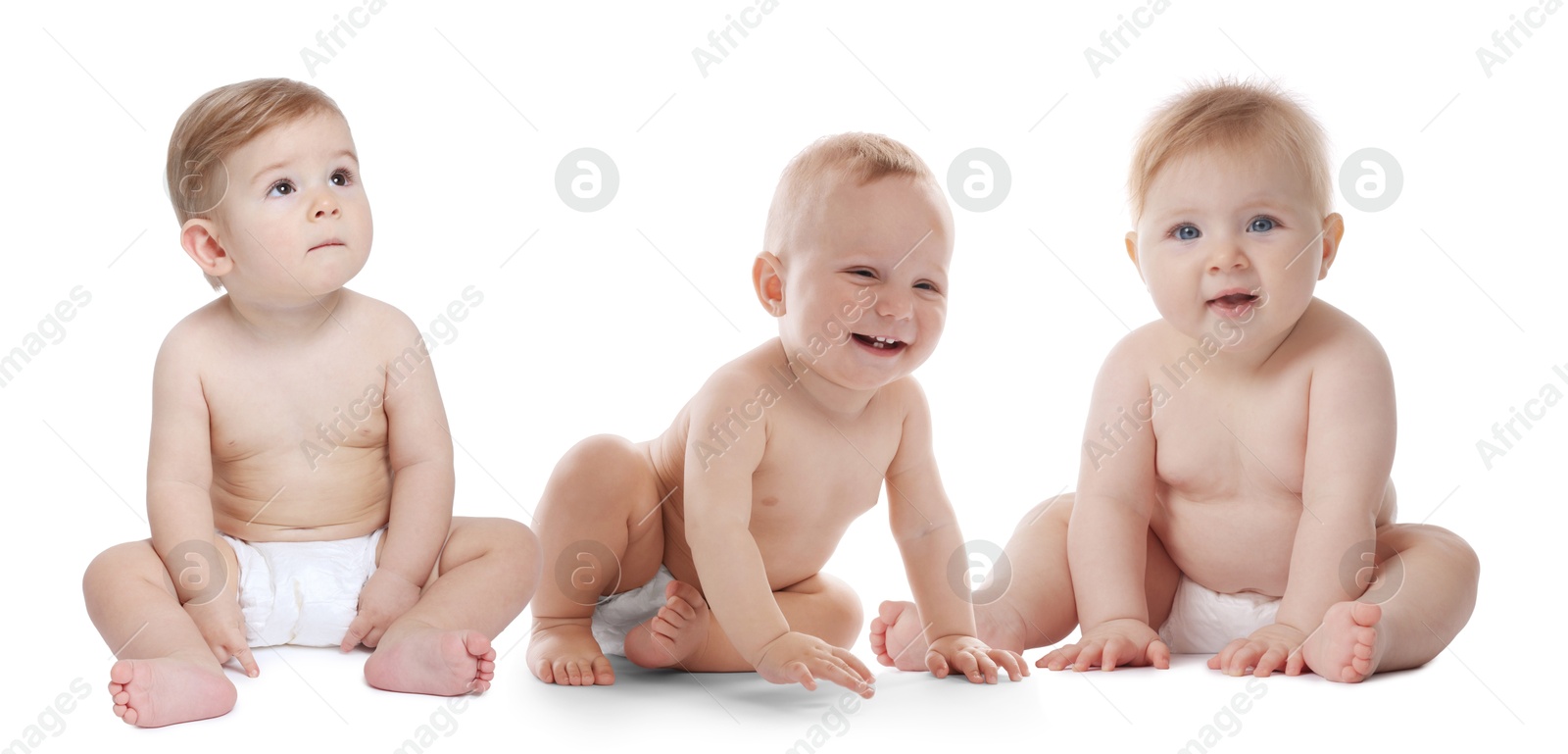 Cute little babies on white background, collage Image of Cute little babies on white background, collage