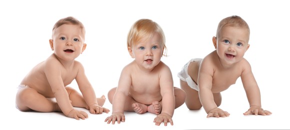 Image of Cute little babies on white background, collage