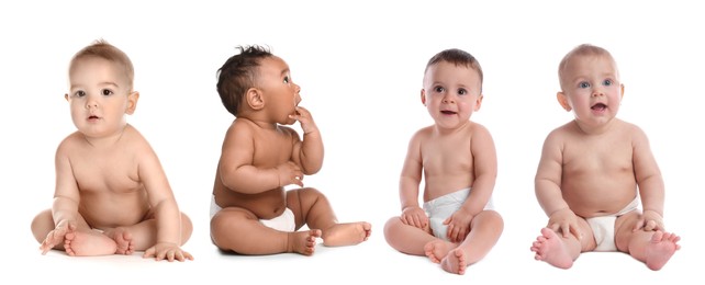 Image of Cute little babies on white background, collage