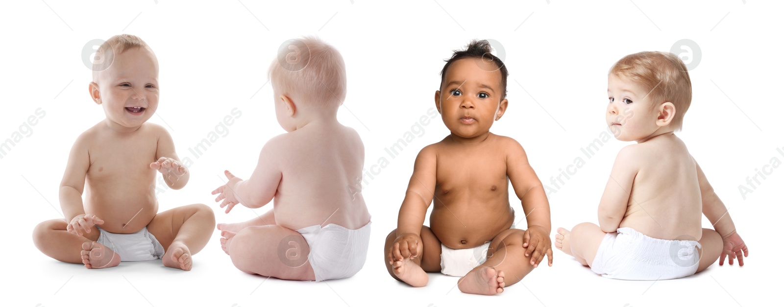 Cute little babies on white background, collage Image of Cute little babies on white background, collage