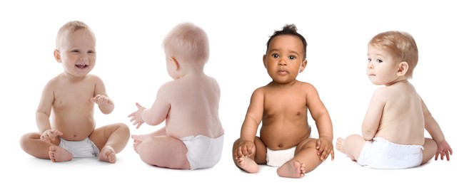 Image of Cute little babies on white background, collage