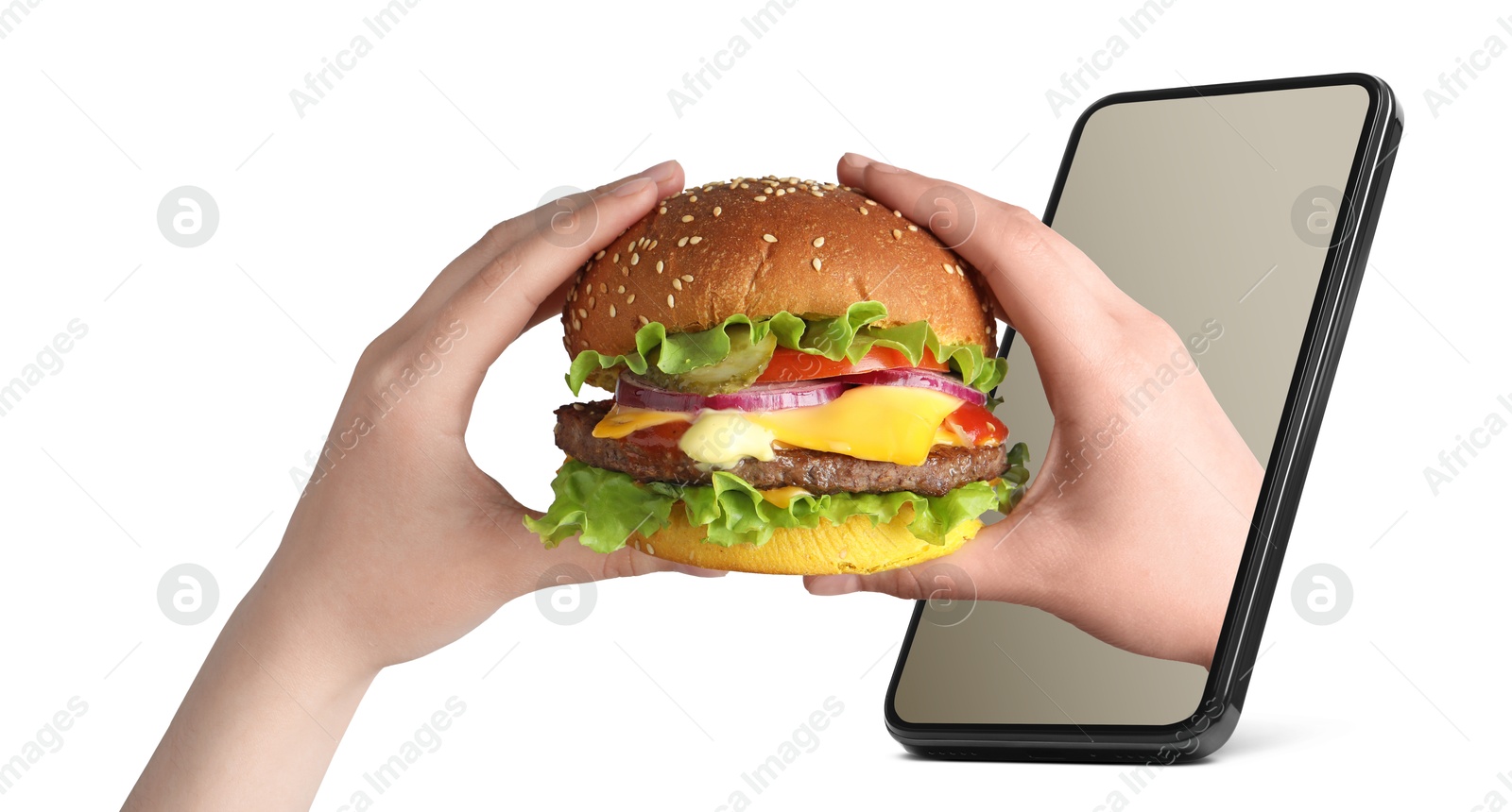 Image of Food ordering and delivery service. Woman eating burger with one hand sticking out of mobile phone display against white background, closeup