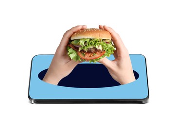 Image of Food ordering and delivery service. Woman's hands with burger, sticking out of mobile phone display against white background, closeup