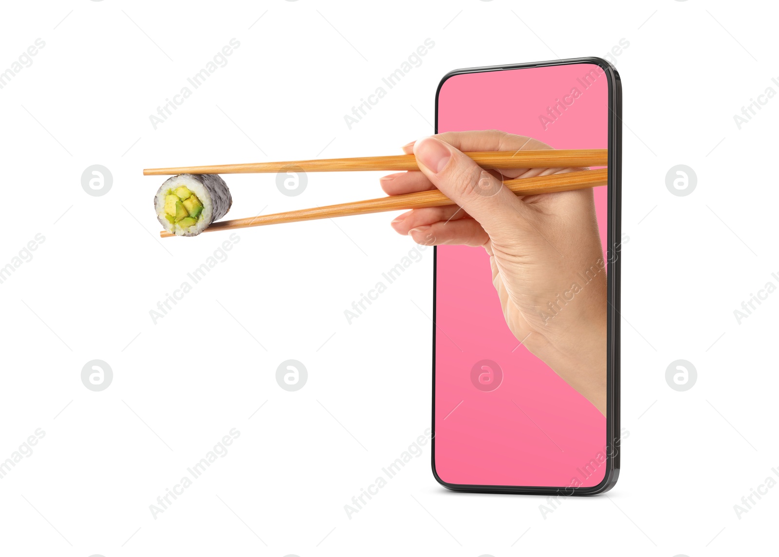 Image of Food ordering and delivery service. Woman's hand with sushi roll, sticking out of mobile phone display against white background, closeup