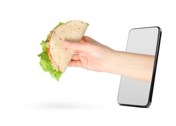 Image of Food ordering and delivery service. Woman's hand with tasty taco, sticking out of mobile phone display against white background, closeup