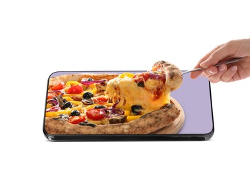 Image of Food ordering and delivery service. Woman taking slice of tasty pizza from mobile phone display against white background, closeup
