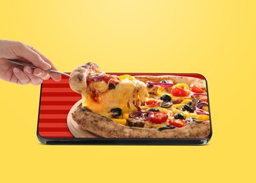 Image of Food ordering and delivery service. Woman taking slice of tasty pizza from mobile phone display against orange background, closeup