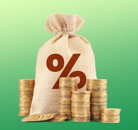 Image of Burlap bag with percent sign and stacked coins against green gradient background