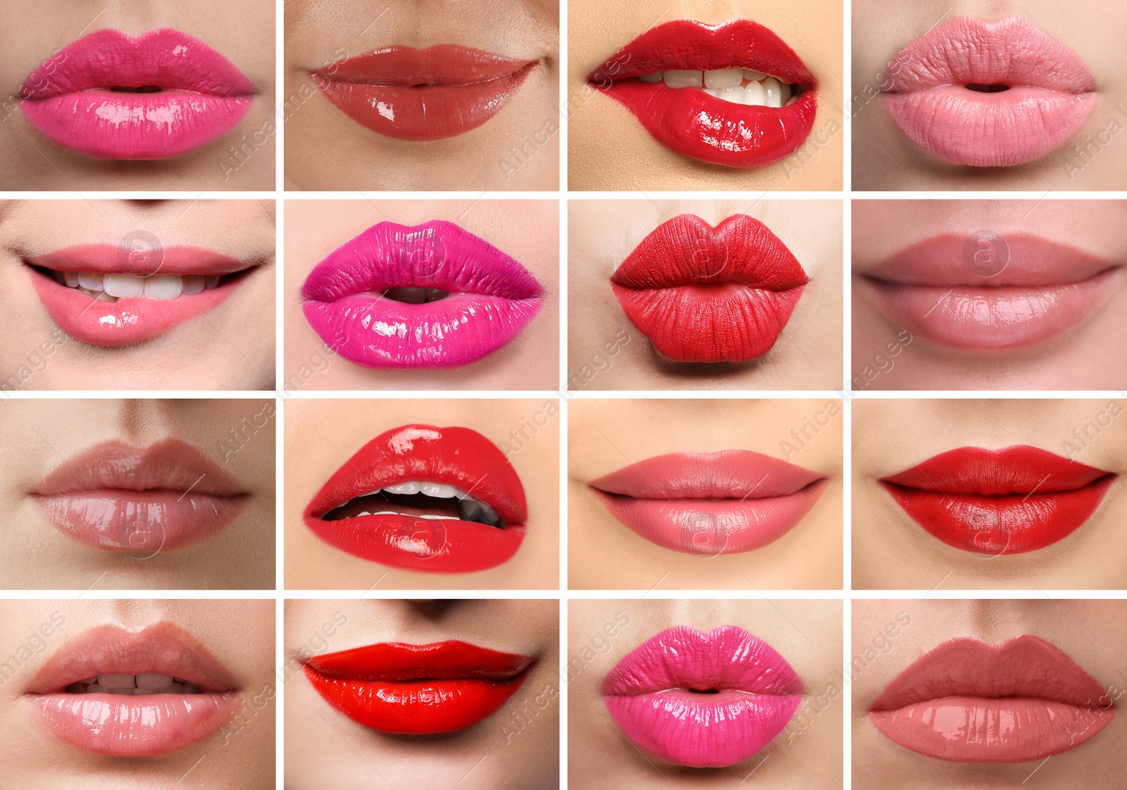 Women's lips with lipsticks of different shades, collage Image of Women's lips with lipsticks of different shades, collage