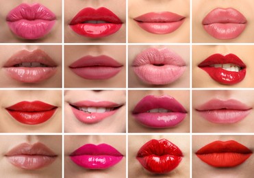 Image of Women's lips with lipsticks of different shades, collage