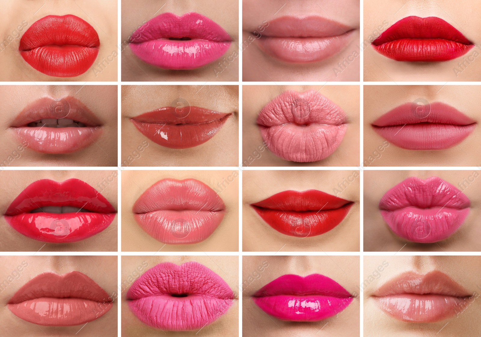 Women's lips with lipsticks of different shades, collage Image of Women's lips with lipsticks of different shades, collage