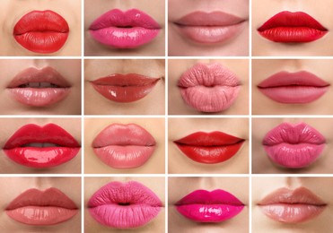 Image of Women's lips with lipsticks of different shades, collage