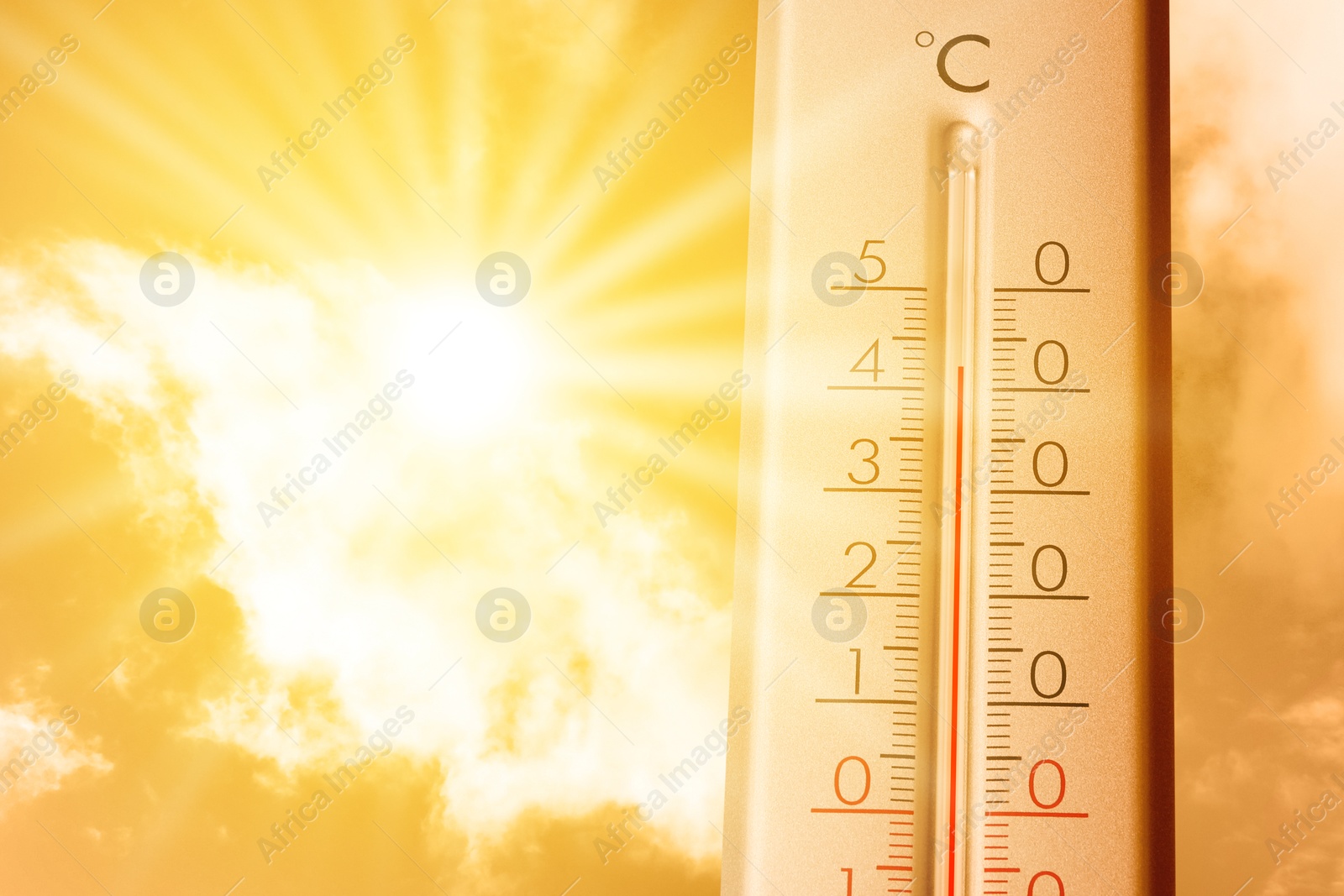 High temperature on thermometer against orange sky on sunny day. Hot summer weather Image of High temperature on thermometer against orange sky on sunny day. Hot summer weather