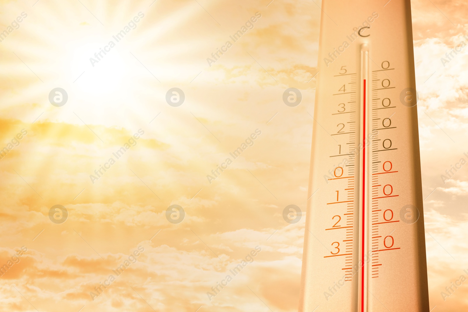 Extremely high temperature on thermometer against orange sky on sunny day. Severely hot summer weather Image of Extremely high temperature on thermometer against orange sky on sunny day. Severely hot summer weather