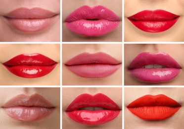 Image of Women's lips with lipsticks of different shades, collage