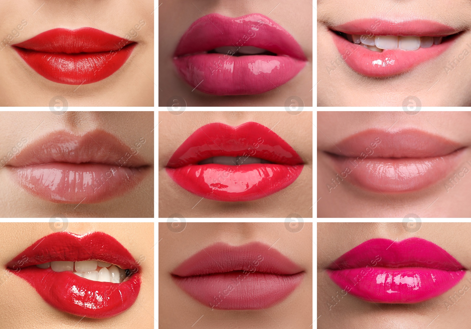 Women's lips with lipsticks of different shades, collage Image of Women's lips with lipsticks of different shades, collage
