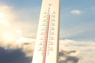 Image of Extremely high temperature on thermometer against blue sky on sunny day. Summer weather