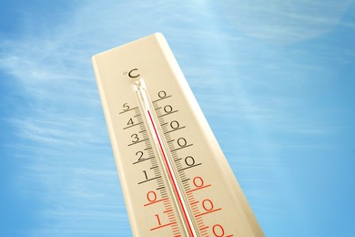 Image of Extremely high temperature on thermometer against blue sky on sunny day. Summer weather