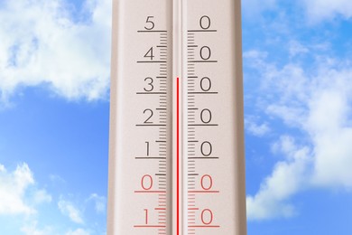 Image of High temperature on thermometer against blue sky on sunny day. Summer weather