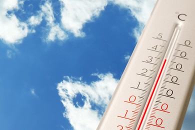 Image of High temperature on thermometer against blue sky on sunny day. Summer weather