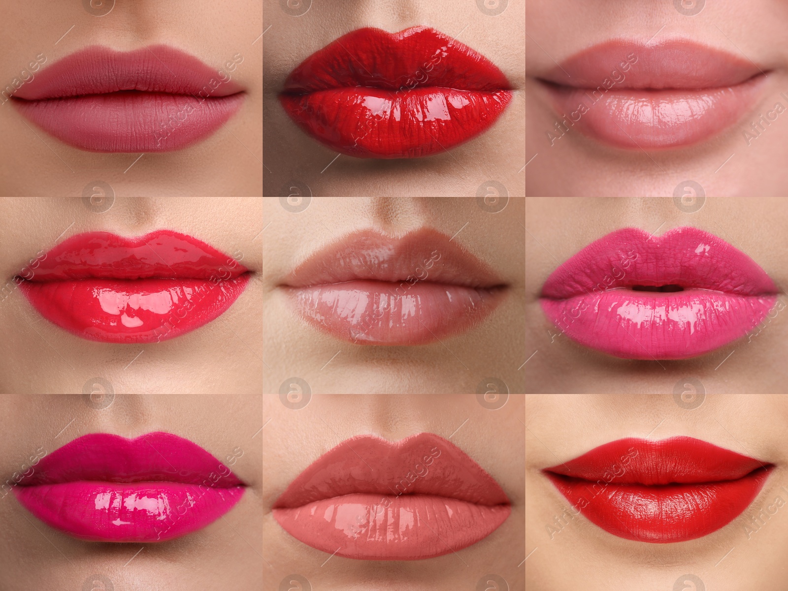 Women's lips with lipsticks of different shades, collage Image of Women's lips with lipsticks of different shades, collage