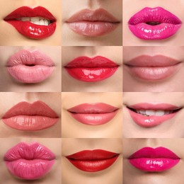 Image of Women's lips with lipsticks of different shades, collage
