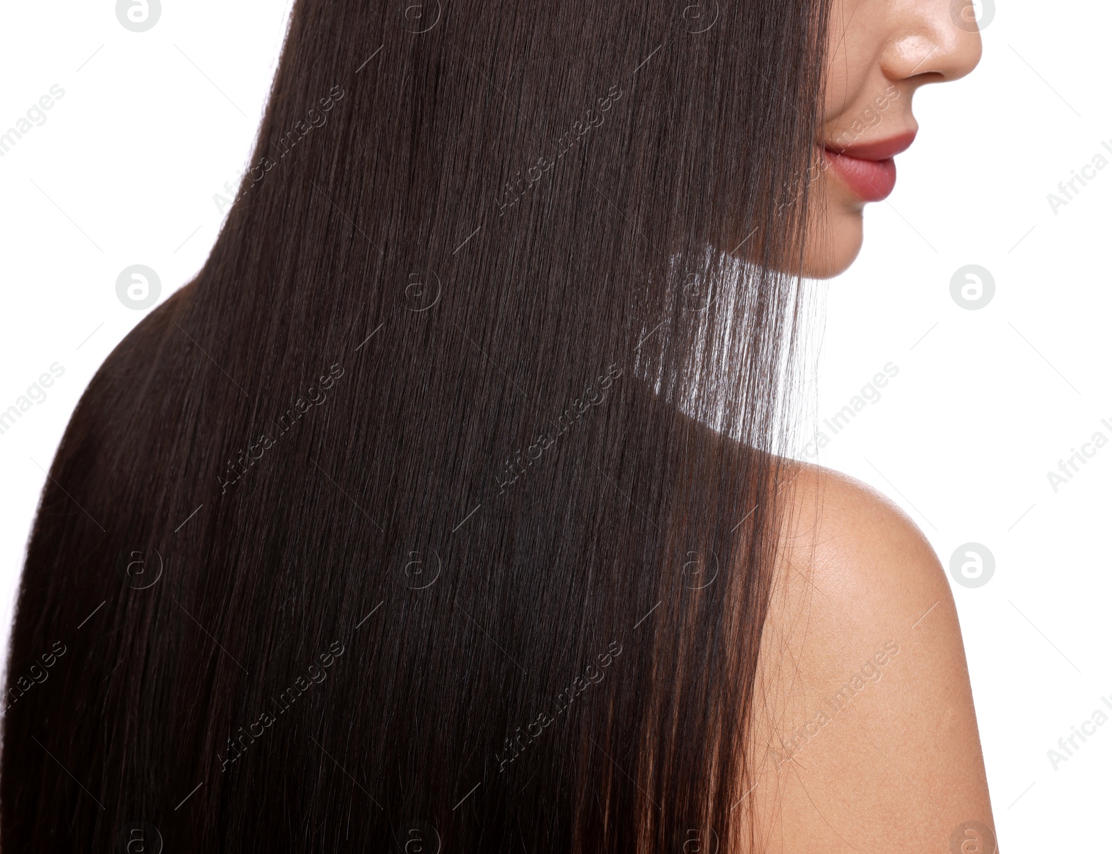Photo of Woman with beautiful smooth hair after lamination procedure on white background, closeup