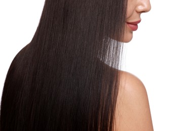 Photo of Woman with beautiful smooth hair after lamination procedure on white background, closeup