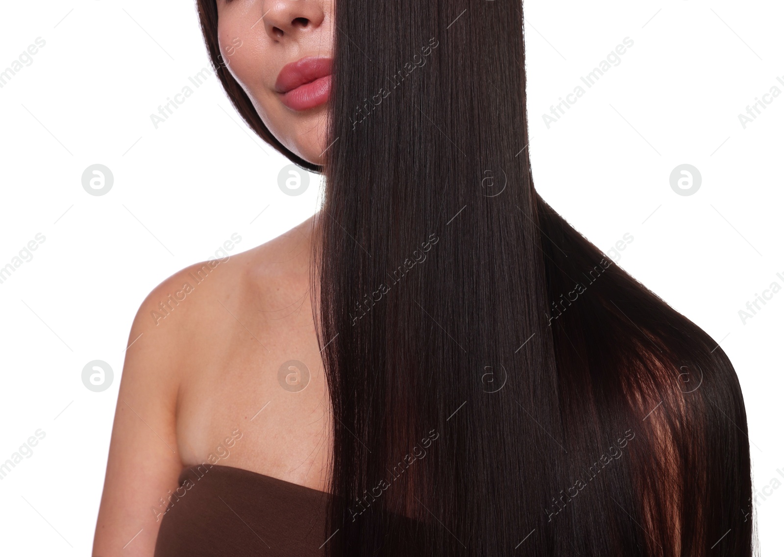 Photo of Woman with beautiful smooth hair after lamination procedure on white background, closeup