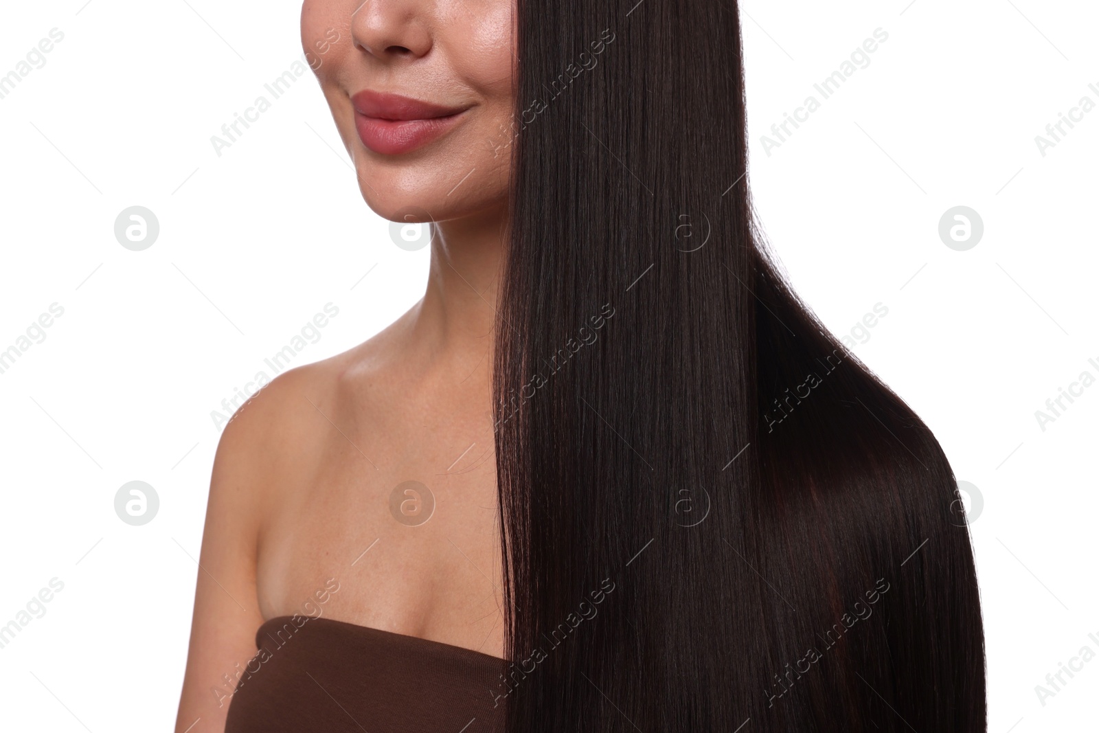 Photo of Woman with beautiful smooth hair after lamination procedure on white background, closeup