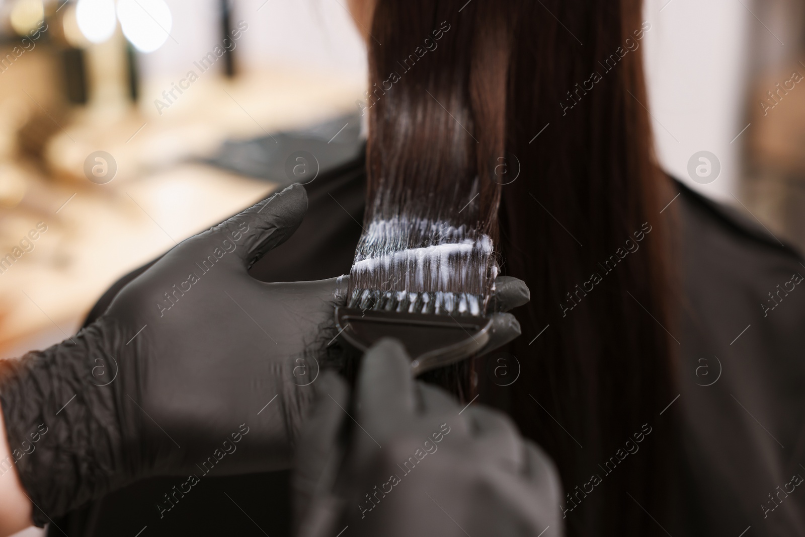 Hairdresser laminating woman's hair in salon, closeup Photo of Hairdresser laminating woman's hair in salon, closeup