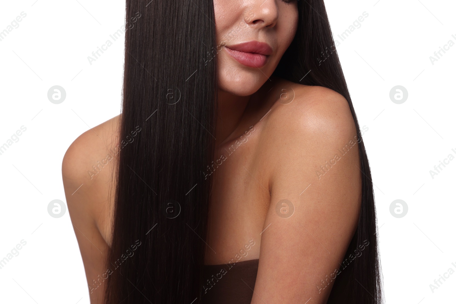 Woman with beautiful smooth hair after lamination procedure on white background, closeup Photo of Woman with beautiful smooth hair after lamination procedure on white background, closeup