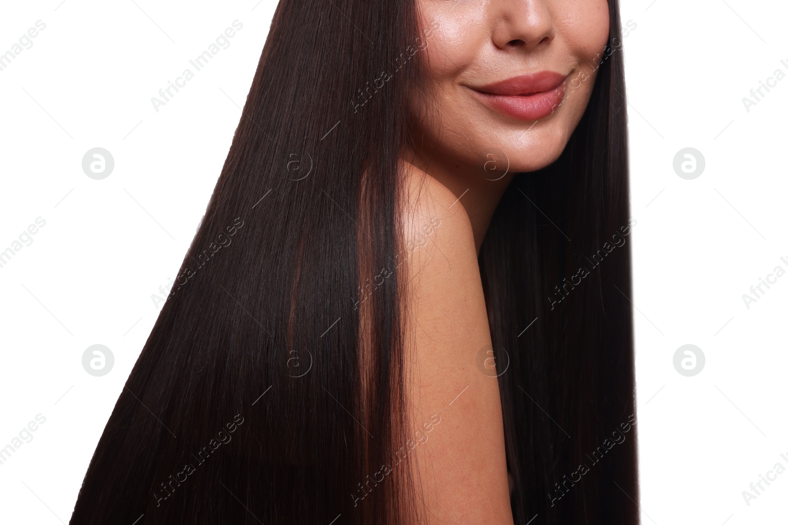 Photo of Woman with beautiful smooth hair after lamination procedure on white background, closeup