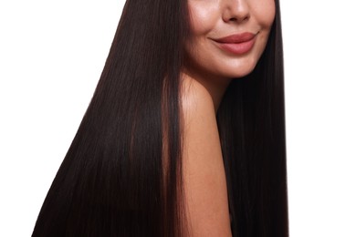 Photo of Woman with beautiful smooth hair after lamination procedure on white background, closeup