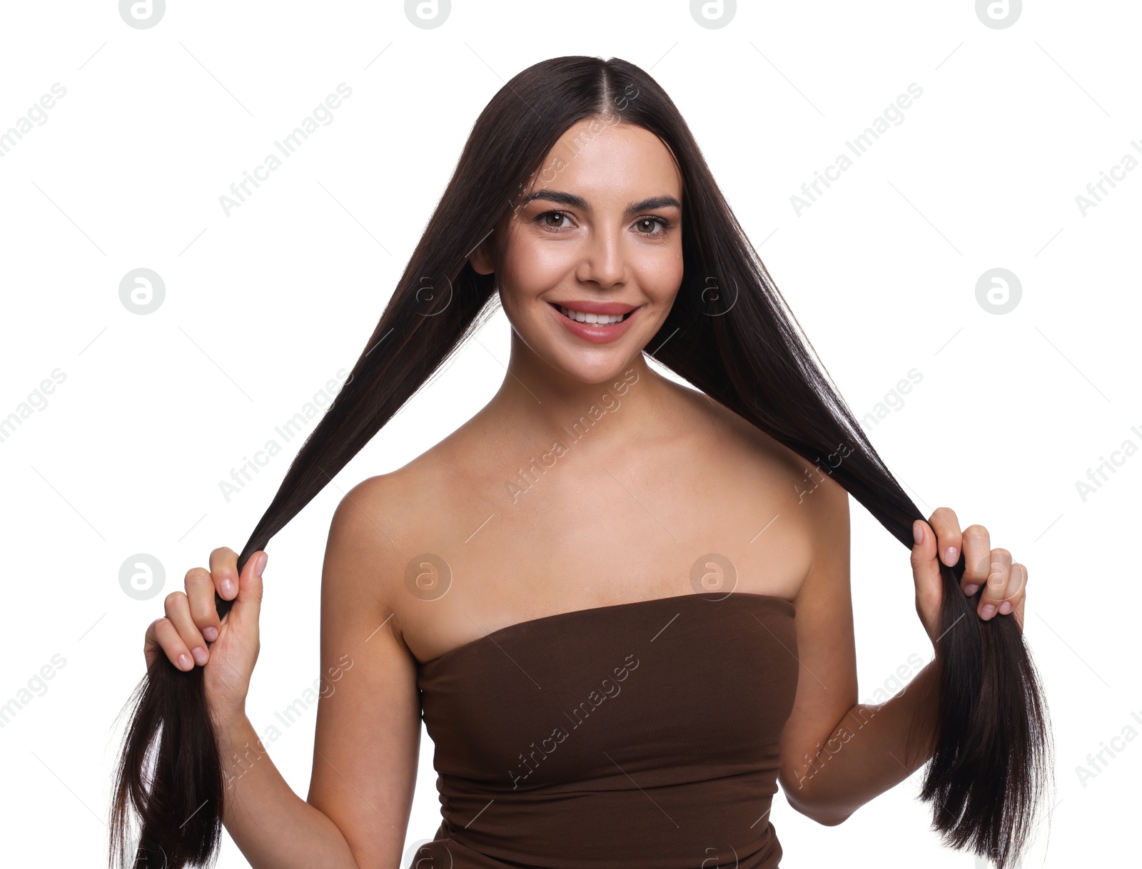 Woman with beautiful smooth hair after lamination procedure on white background Photo of Woman with beautiful smooth hair after lamination procedure on white background