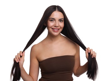 Photo of Woman with beautiful smooth hair after lamination procedure on white background